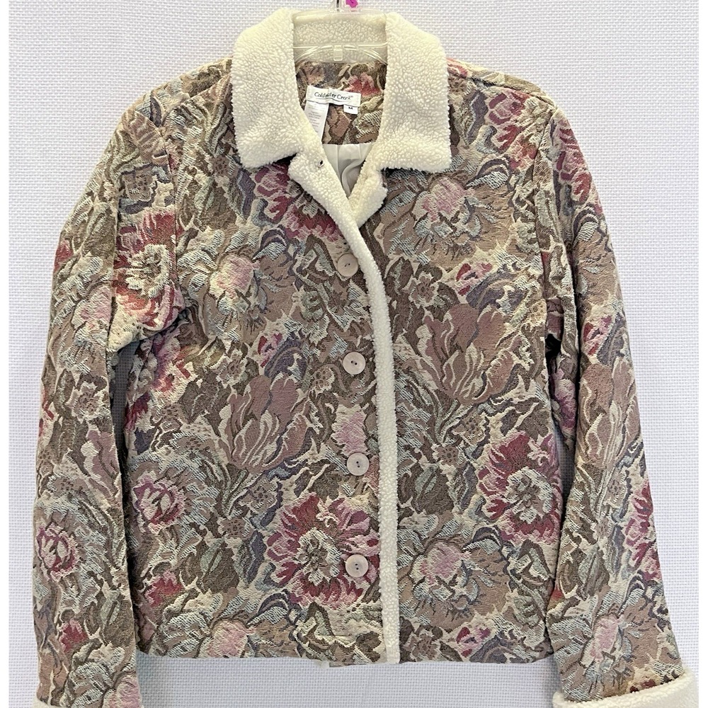 Vtg Coldwater Creek Floral Tapestry Jacket Medium Sherpa Fleece Trim Lined